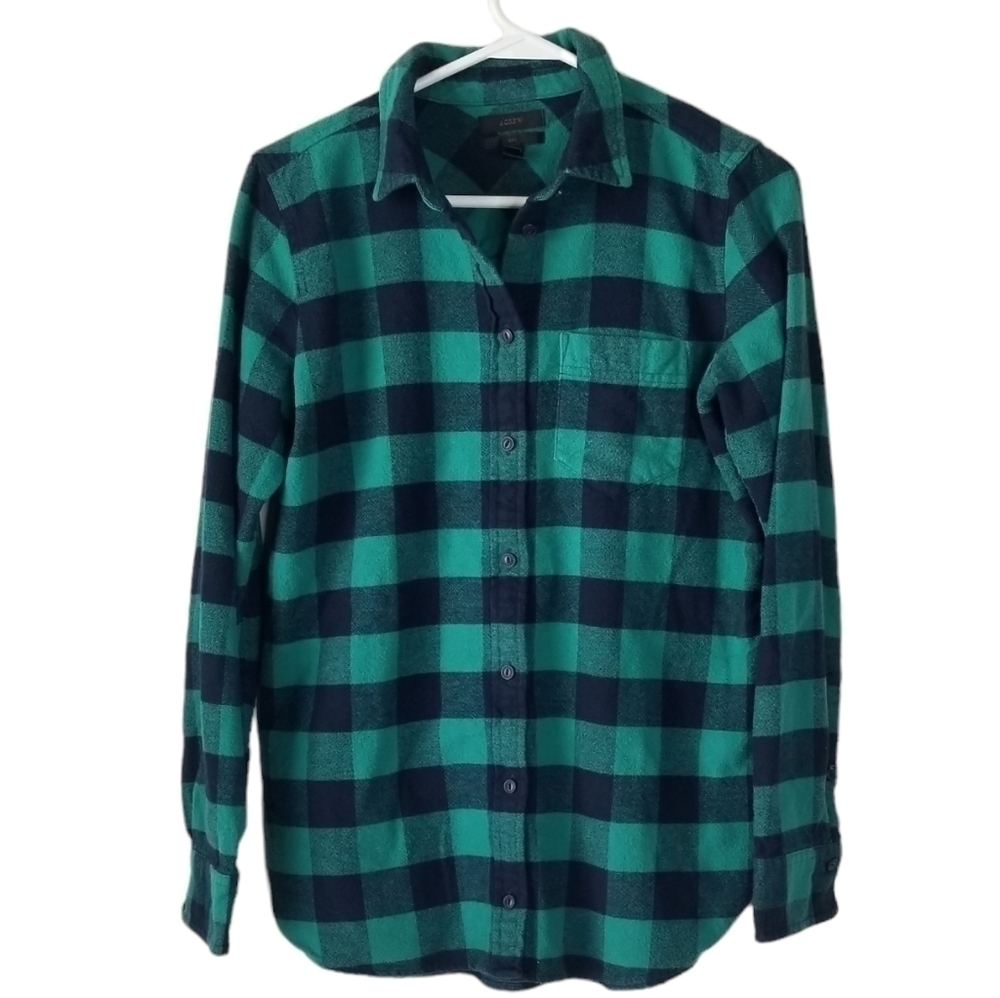 J Crew Wool Blend Boy Fit Button Down Flannel Navy/Green Plaid Shirt Size 2